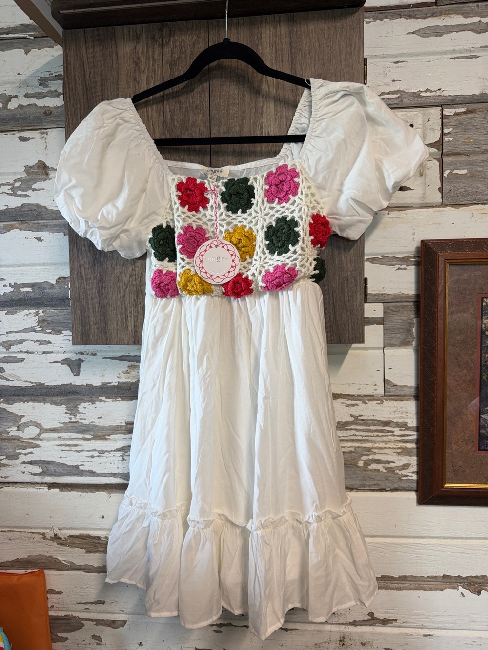 Umgee White Mini Dress with Pink, Red, Green & Yellow Crochet Flowers